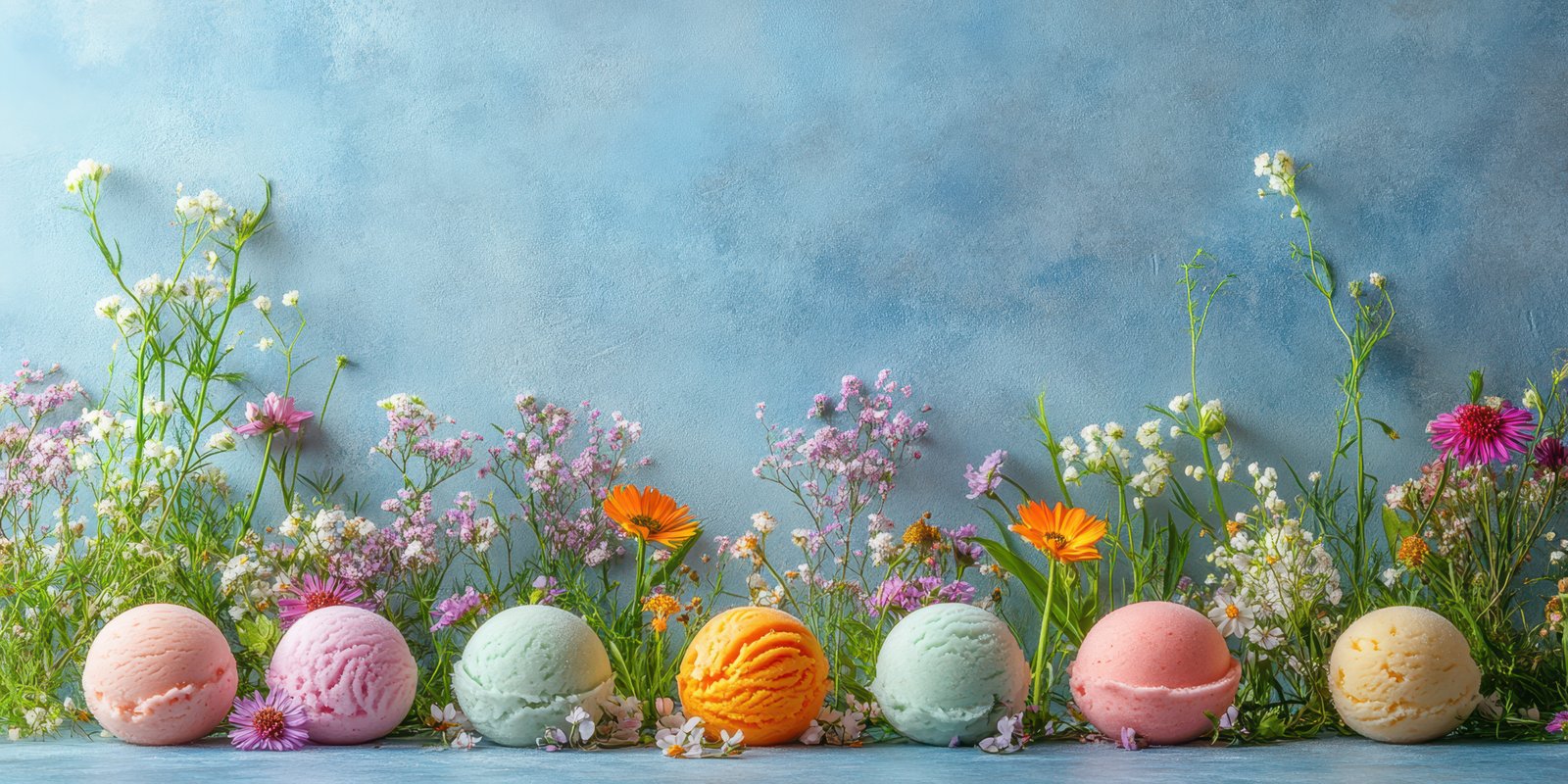 Colorful ice cream scoops arranged among blooming wildflowers at a summer gathering
